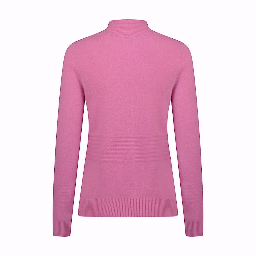 Product view showing the back of the Isabella Cashmere Mock Neck Golf Sweater, crafted in 12GG Finesse, featuring rib stitch tonal accents, elevating this sporty chic golf sweater.