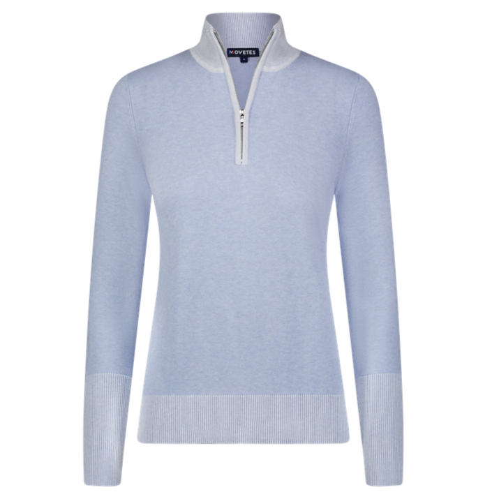 This image shows the product Luna Organic Cotton Sweater in Ice Blue, featuring custom two-color micro plaited rib cuffs, collar and hem. The Luna's zipper are from IDEAL Fastener and eco-friendly.