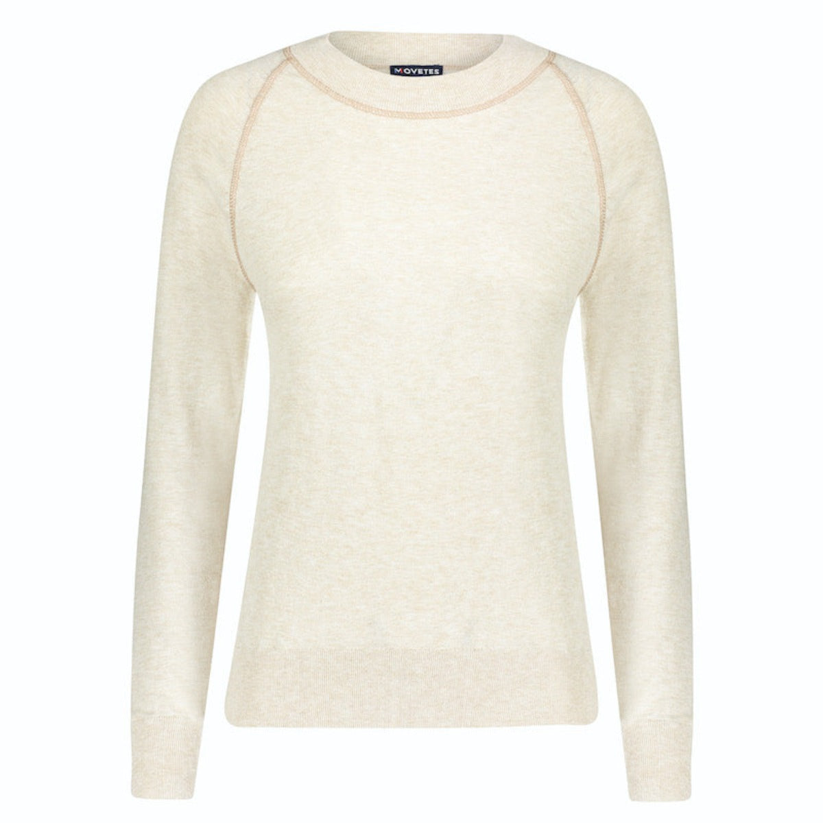 Front image of light tan organic cotton crewneck with tonal rib stitching
