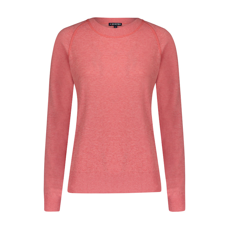 Product Photography showing the pastel red organic cotton vintage style RESTORE crewneck sweater with contrast tonal stitching.