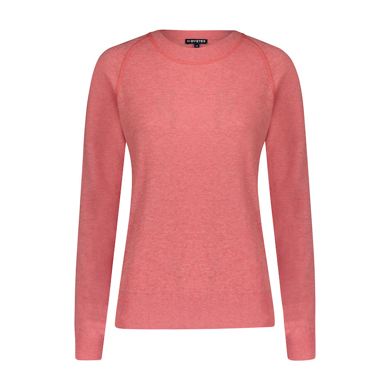 Product Photography showing the pastel red organic cotton vintage style RESTORE crewneck sweater with contrast tonal stitching.