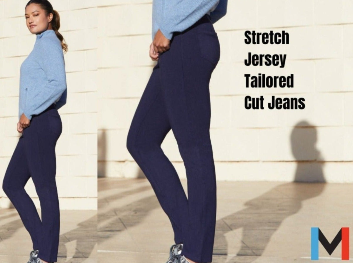 Sustainable Luxury Meets Style that Embraces Movement and Athleticism. Side profile showing Mina Tobias wearing the size 8 Navy Eliza Pant. This slim design jersey stretch 5-Pocket pant has a classic jeans look with an elevated feel and smooth fit through the leg.