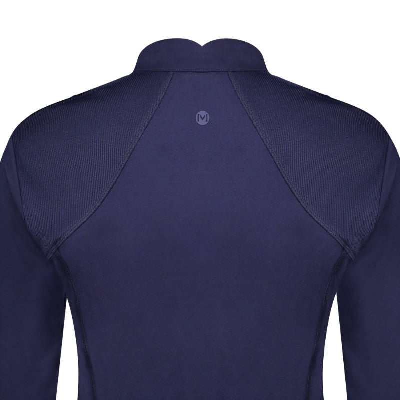 Product image-zoom highlights the contrast accent rib trim details and elegant notch collar on the PowerStretch Jersey Performance Impact Jacket, Admiral Navy, with MOVETES M logo. 