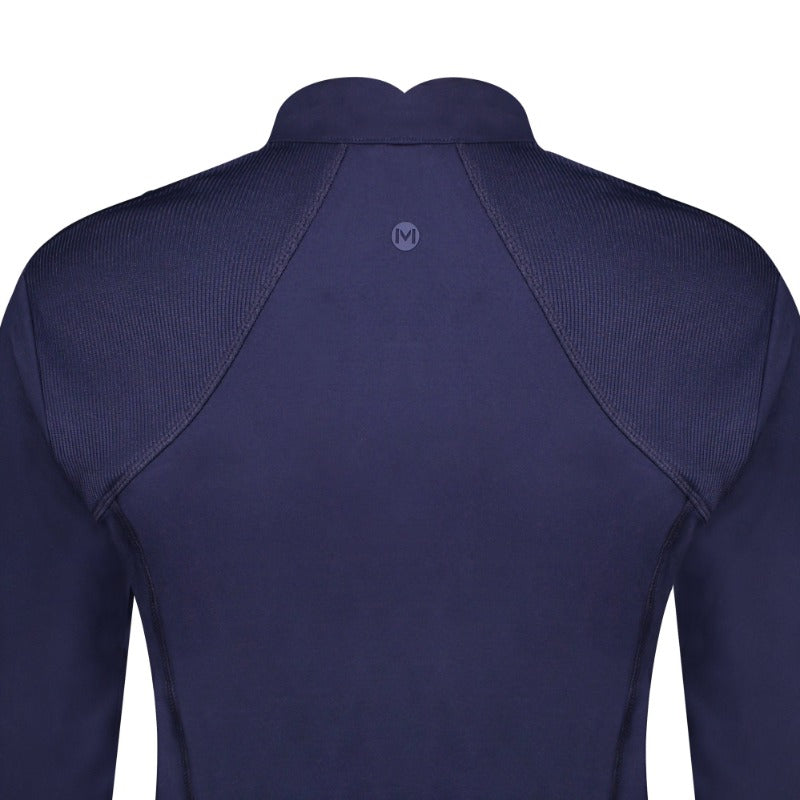 Product image-zoom highlights the contrast accent rib trim details and elegant notch collar on the PowerStretch Jersey Performance Impact Jacket, Admiral Navy, with MOVETES M logo.