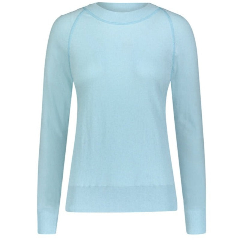 Product photography showing the front of the RESTORE Organic Cotton Crewneck in Vintage Boathouse Blue  Ultra soft and comfortable, this sweater is perfect for travel and everyday.