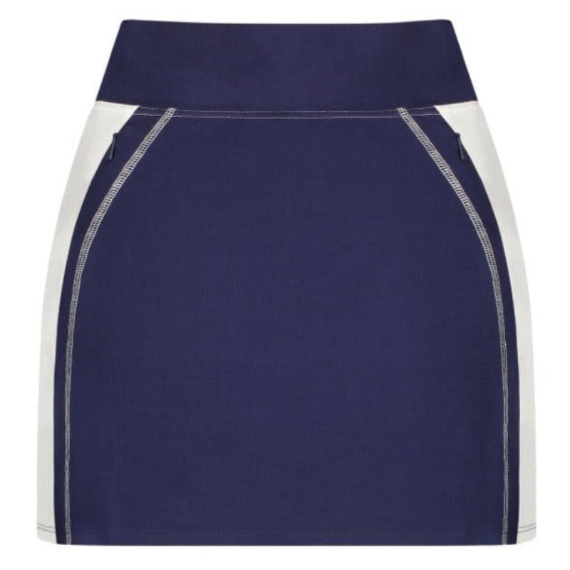 Sustainable Lifestyle embraces recycled fabrics and luxury style that performs along with you. Contemporary A-Line silhouette, featuring contrast-color rib trims, 2 side zip pockets, 2 zip pockets in back; 3" high-waist light-compression stretch jersey waistband. The Impact Nova Skort grades from XS 16.5" to 18" XL