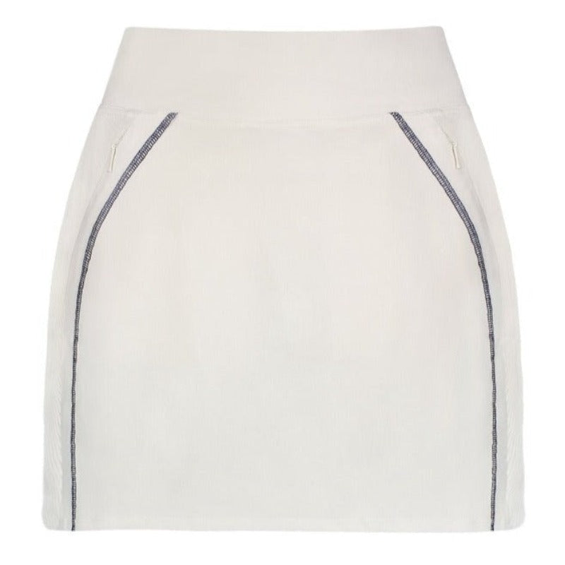 Product image of the Linen White Stretch Jersey Impact Nova Skort, featuring roomy side and back zip pockets, custom contrast color top stitching and rib trim accents on the side.