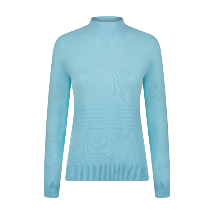 Product image showing the Isabella Cashmere Mock Neck Golf Sweater Front View in Aqua Blue.