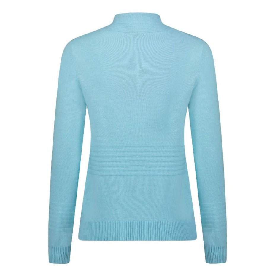 Image showing the Isabella cashmere turtleneck sweater from the back. This photo highlights the texture  and sporty accent of the tonal rib striping pattern on the body and cuffs.