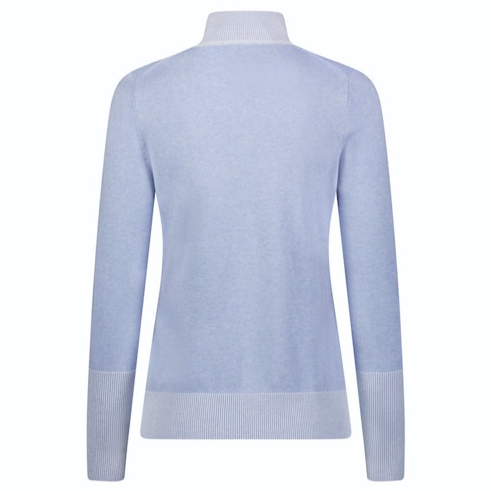 This is a product image of the Organic Cotton Luna 1/4-Zip  Pullover Sweater in Ice Blue, featuring contrast two-color plaited rib trims. This image shows a back view of the sweater.