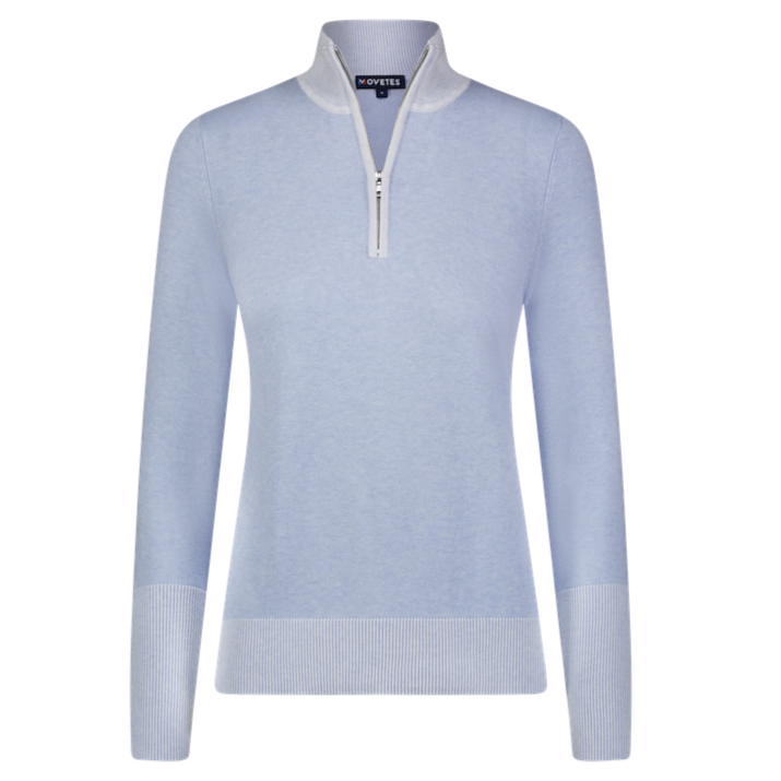 This image shows the product Luna Organic Cotton Sweater in Ice Blue, featuring custom two-color micro plaited rib cuffs, collar and hem. The Luna's zipper are from IDEAL Fastener and eco-friendly. 