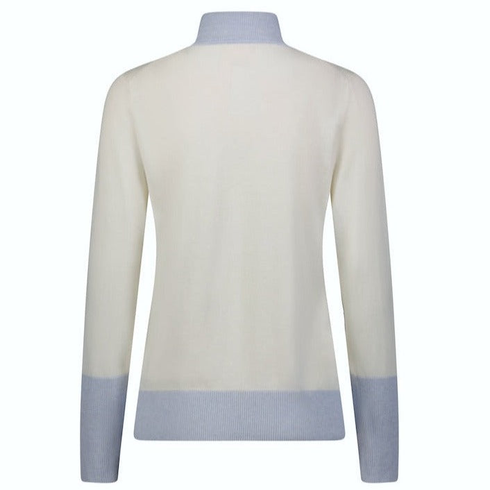 This is a product image of the Luna High Neck Quarter Zip Sweater showing the contrast color Rib trims from the back.