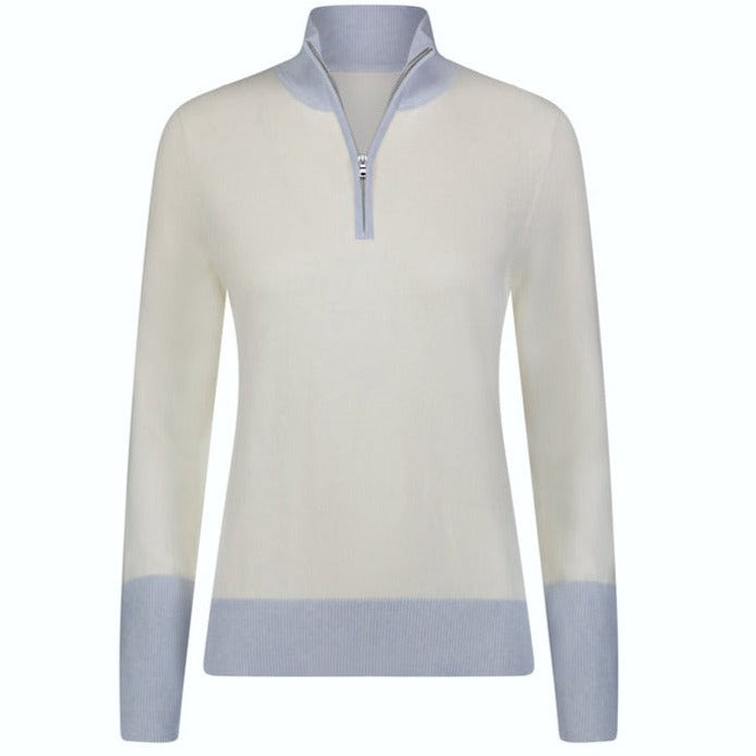 Front image of the Luna Sweater Pullover crafted of Organic Cotton and SeaCell1 Lyocell in a /4 zip, featuring Linen white with contrasting ice blue plaited rib collar, cuffs and waistband.