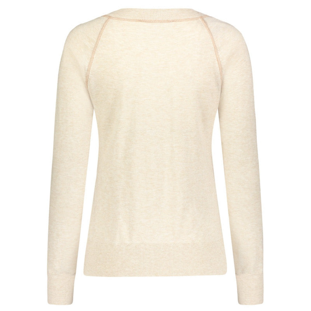 Static image of the sweater from the back. The actual color is a warm toasty beige. This photo highlights the contrast stitching detail from the back.