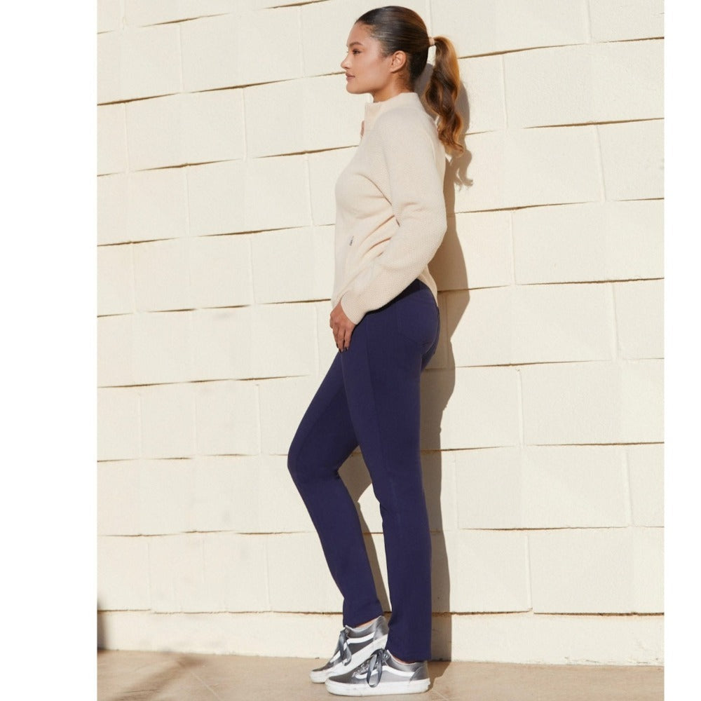 Creme Victoria Cashmere Bomber Jacket  shown on Model wearing size Medium top paired with the Eliza Classif 5-Ponte Knit Pant in Navy Size 8.