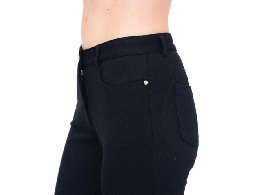 This image shows the Pocket Detail Star-Embossed Rivet, belt loops and 5-Pocket Jean Styling. The Eliza Pant is elegant, sporty, slimming and sophisticated.  Its tailored fit makes this an Ideal  pant for Work to weekend and everything in between. 