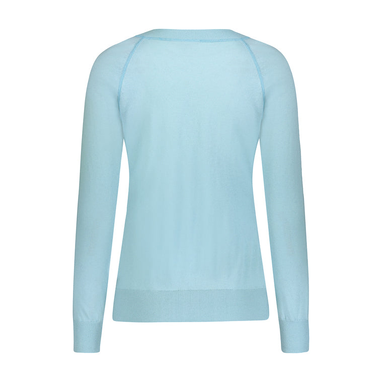 Product Image showing a back-view of this delicately soft, lightweight timeless crewneck sweater with raglan sleeves. This enduring classic crewneck sweater is shown in Vintage Boathouse Blue.