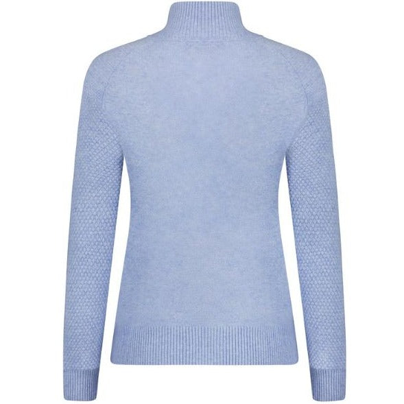 Back view Image of Azure Blue Victoria Cashmere Bomber Jacket 100% Premium Cashmere Honeycomb stitch details, fully fashioned sustainable. Eco friendly IDEAL Zippers. Elegant, Classic, Travel Ready Style.