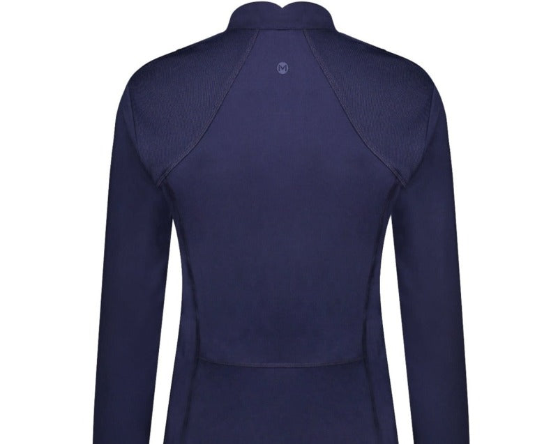 This image showcases the back of the Impact Nova jacket's stylish rib trim accents, custom top-stitching, and an elegant notch collar design. Fully Crafted with sustainable, luxury recycled materials and earth friendly IDEAL zippers. Moisture wicking UPF 50, breathable and exquisitely soft. Perfect layering piece for brisk morning walks and workouts.