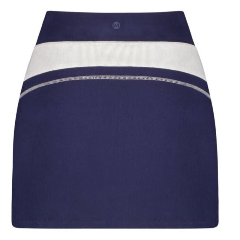 Power stretch Impact Jersey Nova Skort product image, viewed from the back. This sporty-contemporary A-Line skort features a legging-style light-compression 3" waistband, contrast color rib knit accents and top stitching. Two invisible zip pockets create an elegant, streamlined look. Stretch Jersey Impact Nova Skort in Admiral Navy