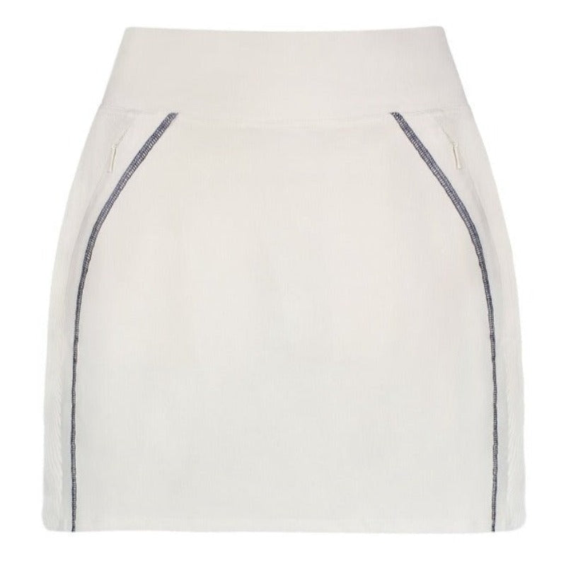 Product image of the Linen White Stretch Jersey Impact Nova Skort, featuring roomy side and back zip pockets, custom contrast color top stitching and rib trim accents on the side. 